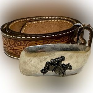 VTG DDD FULL GRAIN COWHIDE TOOLED BELT BULL RIDING BUCKLE 28 UNISEX RODEO COWBOY